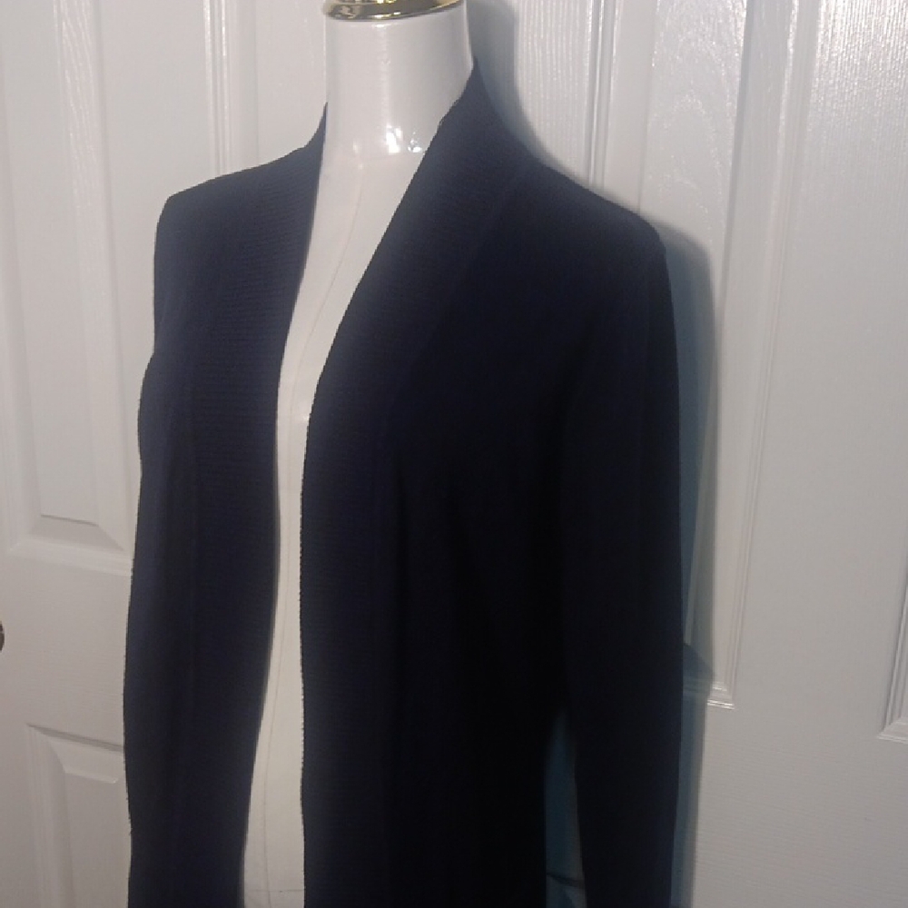 Navy Blue Open Front Cardigan With Ribbed Details Down Front And On Arms - Picture 3 of 11